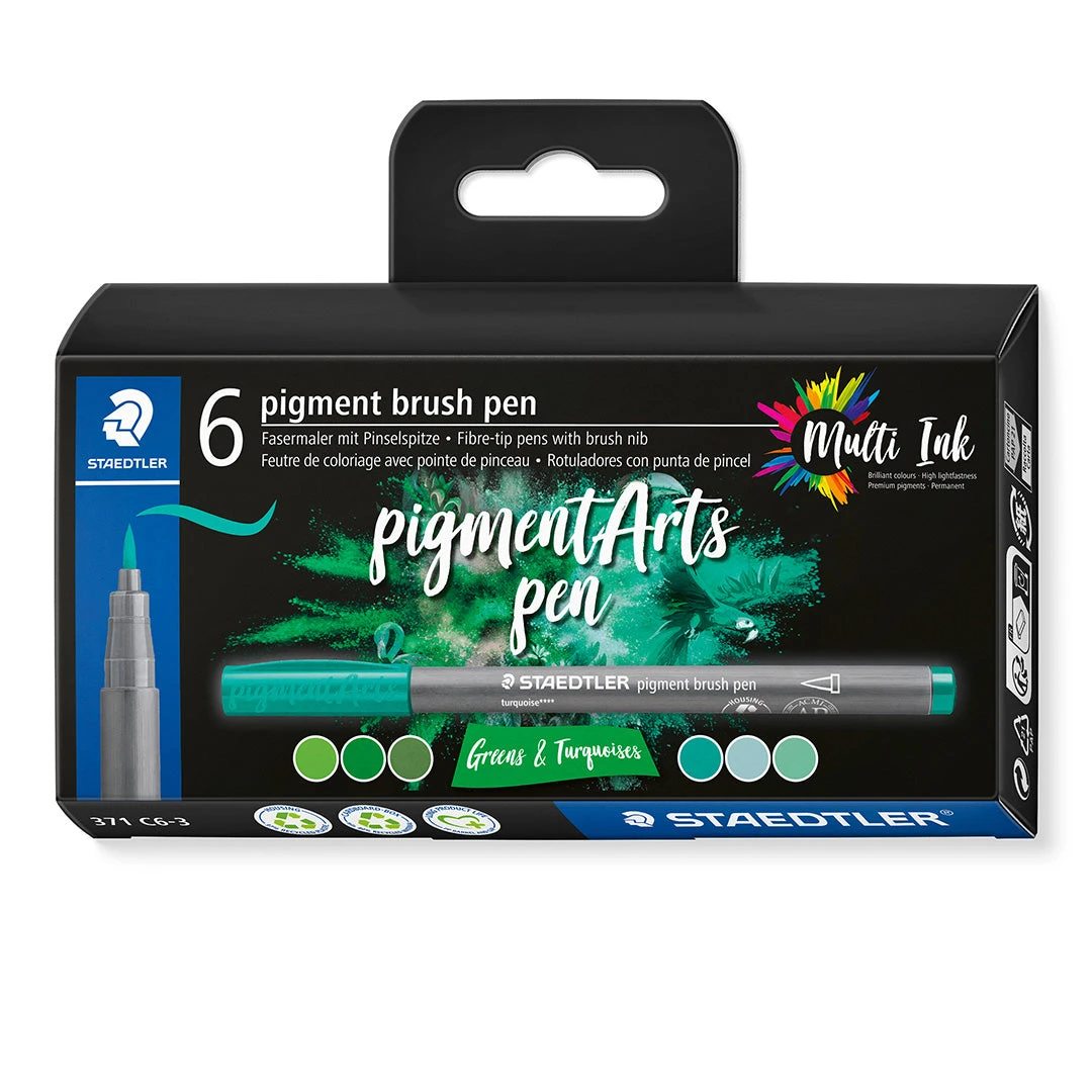 Staedtler Pigment Arts Brush Pen Set Of 6 Greens & Turquoises 3 Staedtler Pigment Arts Brush Pen Set Of 6 Greens & Turquoises